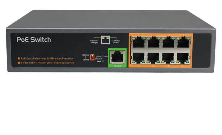 9個(gè)10/100M 自適應(yīng)RJ45端口，1~8號(hào)端口支持PoE供電